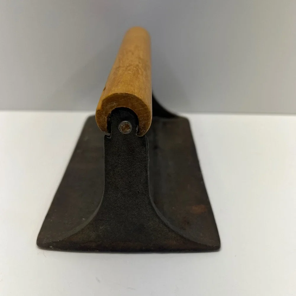Bacon Press Cast Iron Embossed Pig Vines Design Wood Handle Vintage Heavy Duy